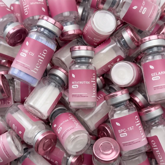 A pile of Healio Peptides vials