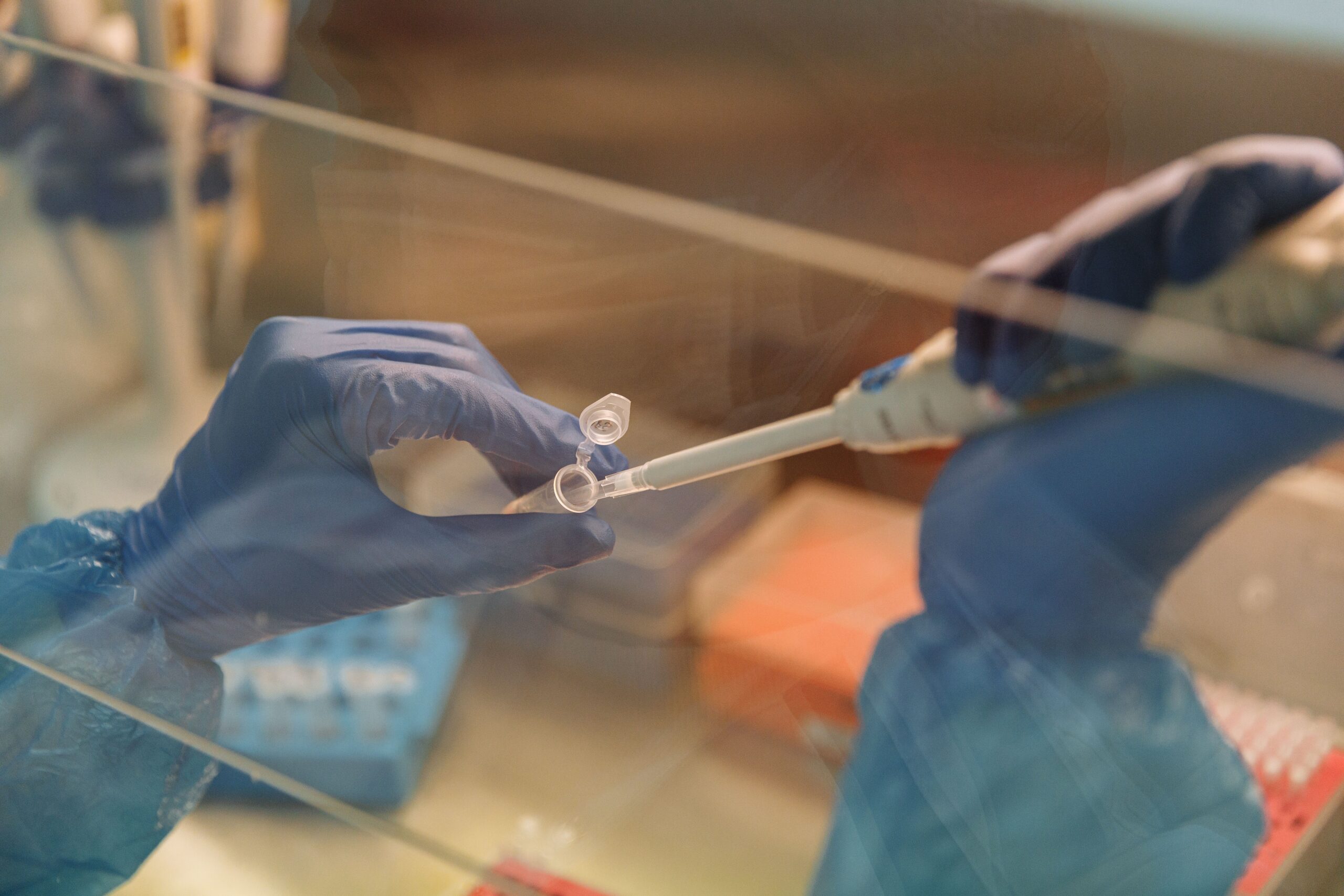 Laboratory technician using a pipette with test tubes during sample analysis