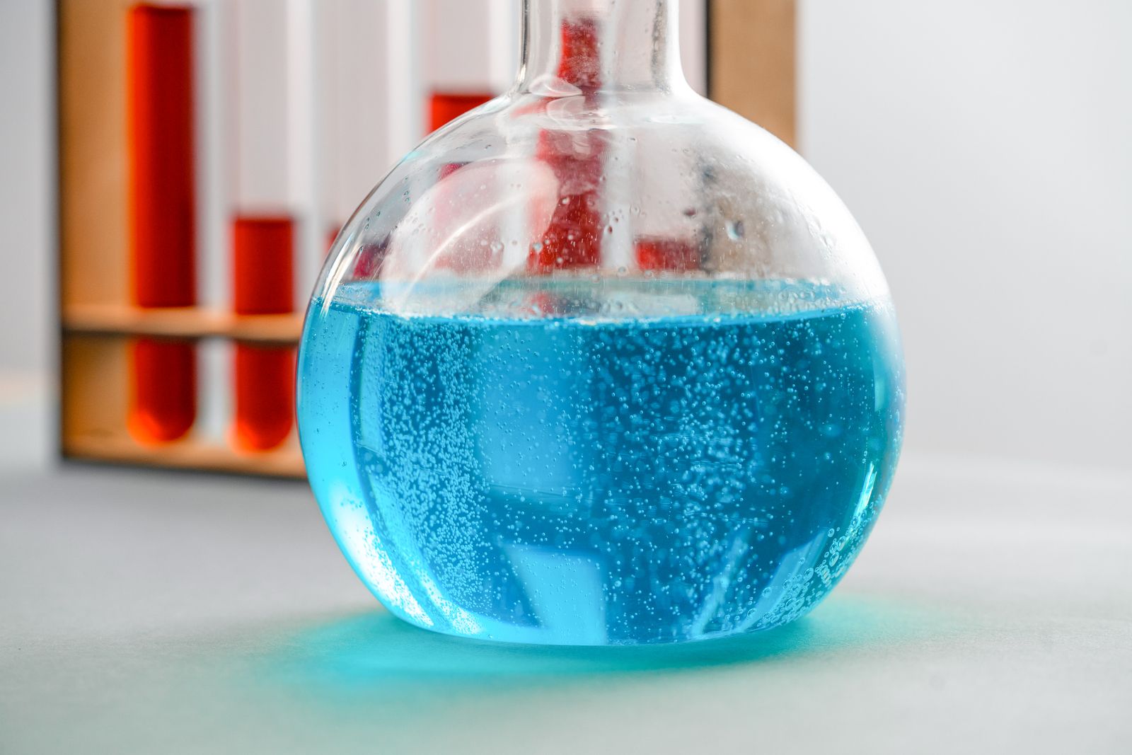 Blue liquid in a round bottom laboratory flask