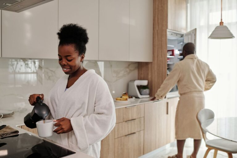 Coffee being prepared in a bright modern kitchen