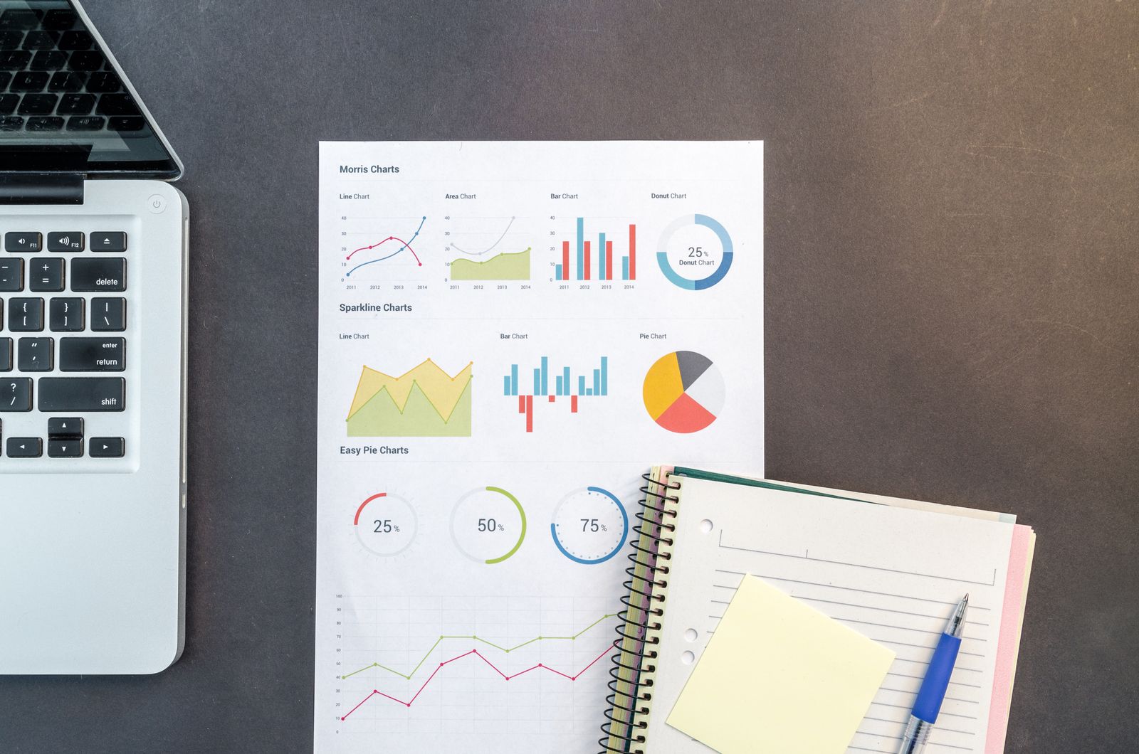 Printed charts, a laptop and notebooks laid out on a desk