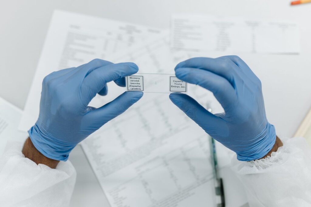 A researcher in blue gloves holding labelled microscope slides
