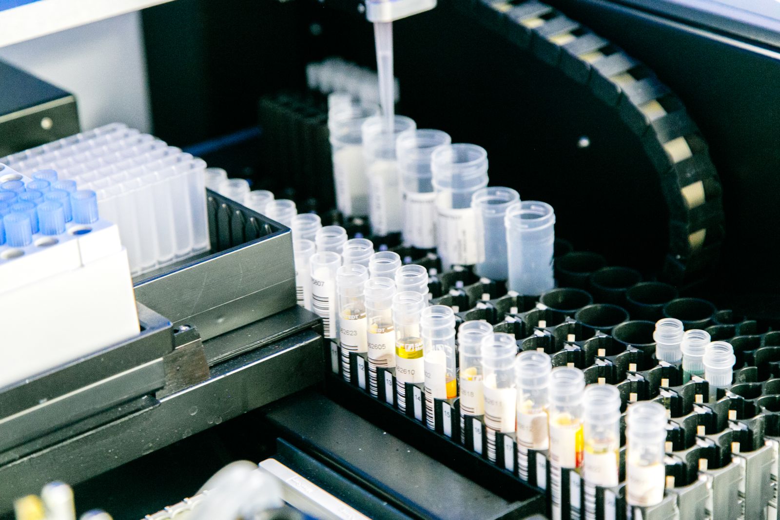 Sample containers arranged in a bright modern laboratory