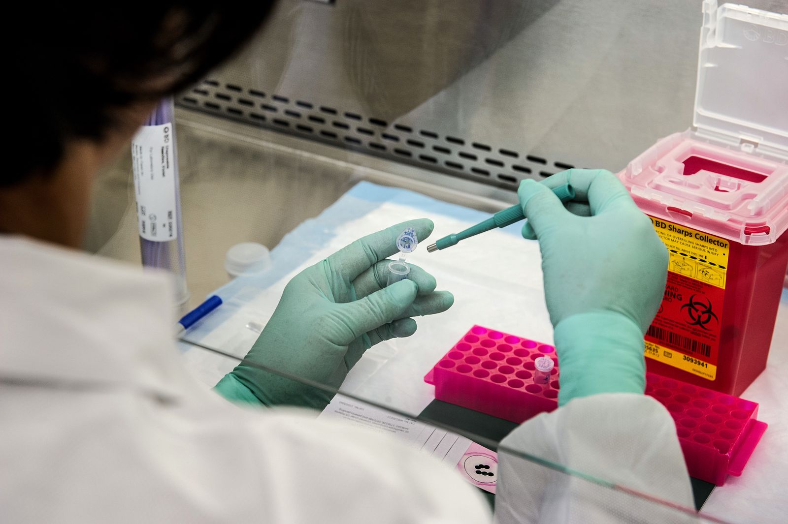 A researcher handling samples in a sterile laboratory environment
