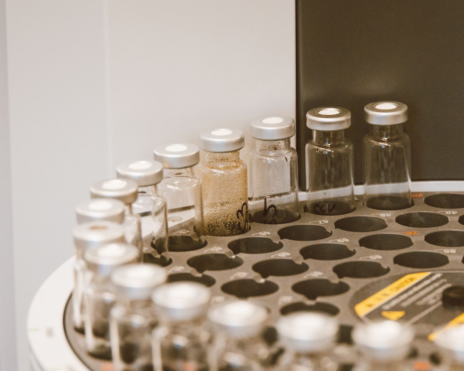 Vials arranged in a rack on a laboratory bench