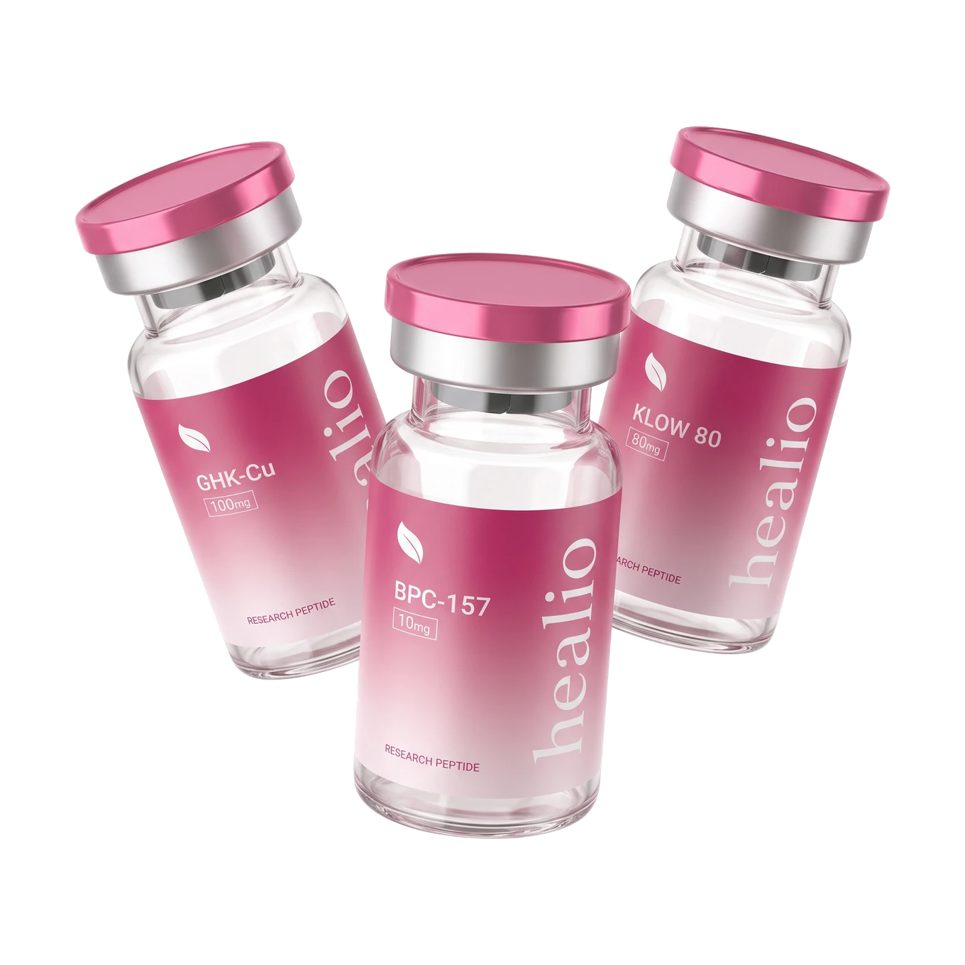 Healio peptide vial with rose-pink cap surrounded by cherry blossom petals
